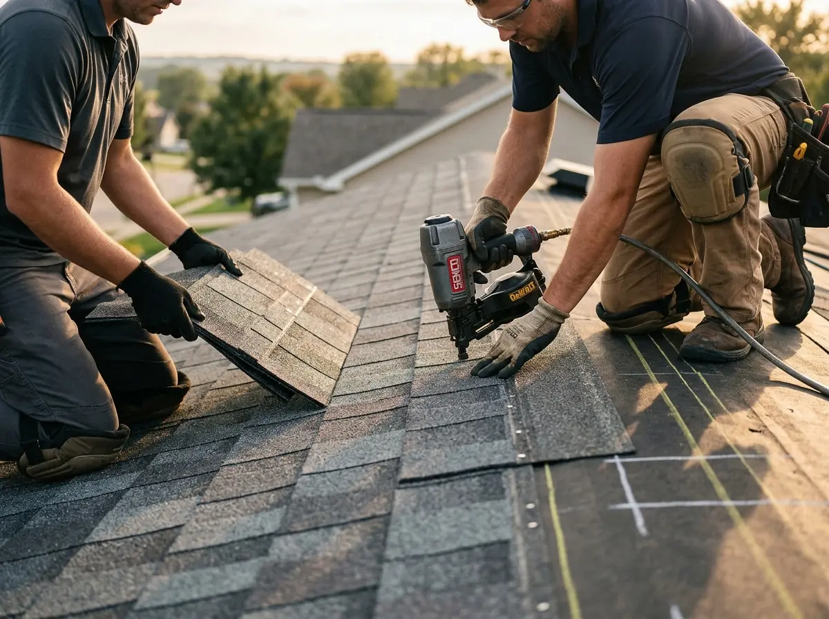 Professional roofer working on a residential roof in Bonner Springs